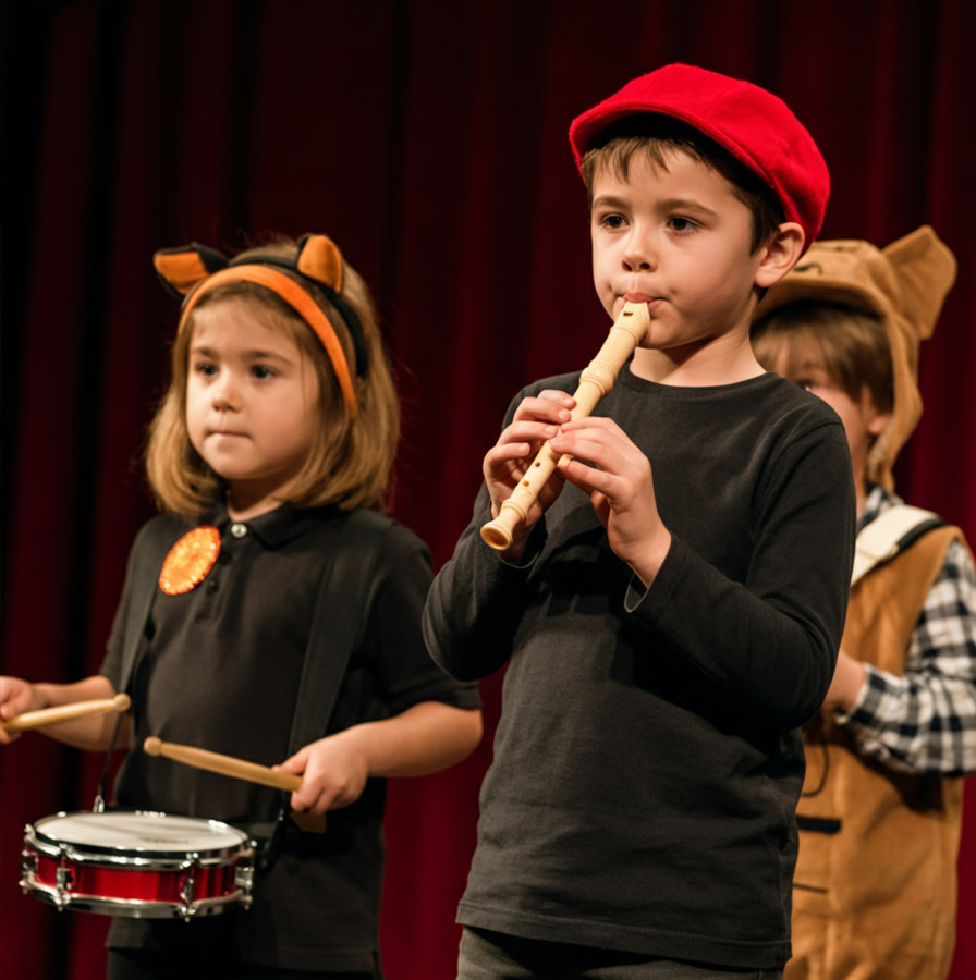 „Drei Kinder stehen auf einer Theaterbühne mit dunkelrotem Vorhang im Hintergrund und spielen auf Musikinstrumenten. Das Mädchen links trägt ein schwarzes Outfit mit Katzenohren und spielt eine kleine rote Trommel mit zwei Stöcken. Der Junge in der Mitte trägt eine schwarze Kleidung mit einer roten Mütze und spielt eine Blockflöte. Im Hintergrund steht ein weiteres Kind in einem braunen Bärenkostüm mit Kapuze, das eine gestreifte Weste trägt. Alle Kinder wirken konzentriert auf ihre Musikdarbietung.