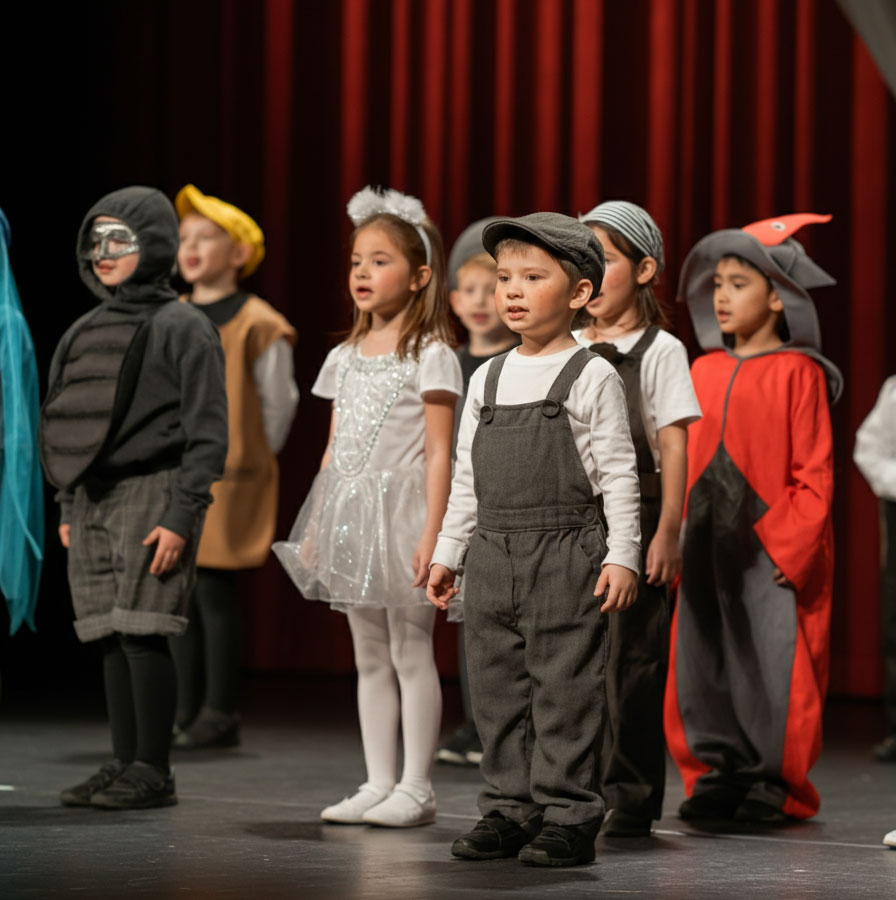 Mehrere Kinder stehen in einer Reihe auf einer Theaterbühne mit einem roten Vorhang im Hintergrund. Sie tragen verschiedene fantasievolle Kostüme: Ein Junge vorne trägt eine graue Latzhose mit einer Schiebermütze, während ein Mädchen daneben ein weißes Kleid mit glitzernden Details und einem Haarreif mit kleinen Flügeln trägt. Im Hintergrund sind weitere Kinder als Tiere und Charaktere verkleidet, darunter ein Kind in einem schwarzen Käferkostüm mit glänzender Maske, ein anderes in einem rot-grauen Fuchsanzug und ein weiteres mit einer Piratenmütze. Sie wirken konzentriert, als ob sie gemeinsam ein Lied singen oder eine Szene spielen.