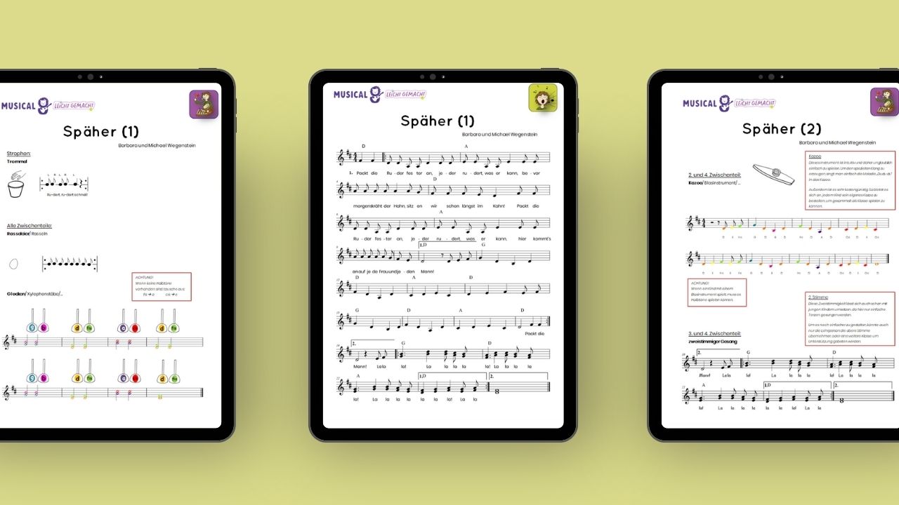 Mockup mit drei Tablets mit Notenblättern des Piratenmusicals von Musical leicht gemacht.